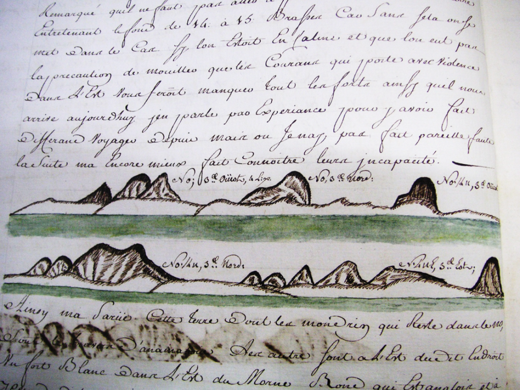 Pas de beau journal de bord sans quelques amers ou relevés graphiques des côtes permettant de suivre la navigation du bâtiment qui a quitté Lorient…